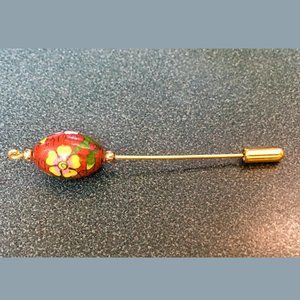 Hand-painted Floral Ceramic Bead Stick Pin 1970s